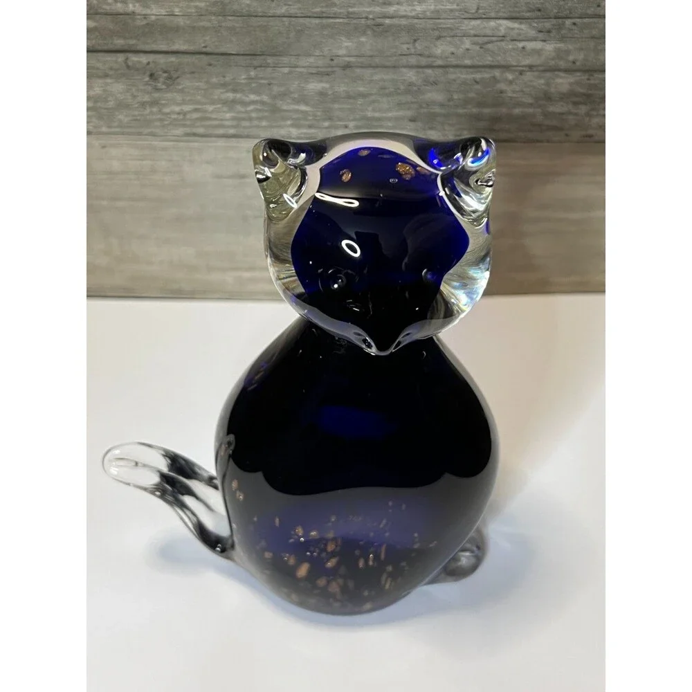 Vintage Art Glass Cobalt Blue and Clear Cat Figurine Gold Copper Flakes Inside